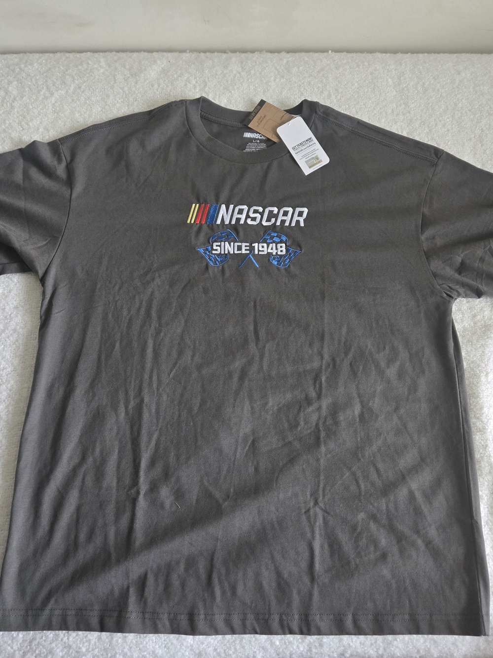 Nascar Charcoal Gray Logo Tee with Multicolor Stripe
